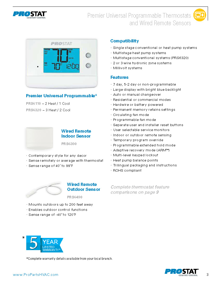 ProStat 7-Day Programmable Digital Thermostat 3H/2C PRS6320